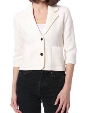 Mini Rose Cotton Blend Snap Front Knit Sweater Blazer Large White Patch Pocket